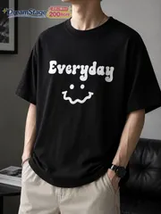 新品未使用 「Everyday」ゆるいライン笑顔英字プリント Tシャツ 線画 ゆるかわ 個性派 綿100％ クルーネック 半袖 カジュアル ユニセックス メンズ レディース 男女兼用 春夏 普段着 お出かけ 旅行 ギフト プレゼント 人気 送料込み