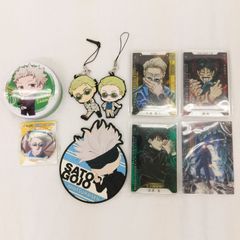 Jujutsu Kaisen merchandise bundle of 9 items: can badges, rubber mats, illustration cards (used).