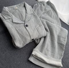 新品 コットン 二重ガーゼ 春夏秋 ネイビー チェック ルームウェアセット パジャマ メンズ 開襟シャツ パンツ 部屋着セット