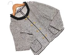 ROPE ロペ ツイード ボーダー ノーカラー ジャケット size7 白ｘ黒 ■◇ レディース
