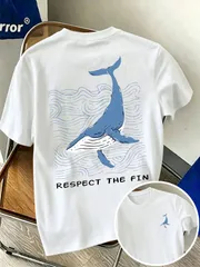 新品 送料無料 グラフィック T シャツ クジライラスト 波模様 両面プリント RESPECT THE FIN 英字 マリンスタイル カジュアル