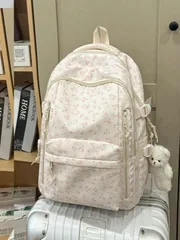 バッグ レディース バックパック リュック 新学期シーズン ファッションプリント レディースバックパック、マルチコンパートメントポケットデザイン、厚手学生バックパック、防水バックパック、テディベアペンダントアクセサリー付き、大容量