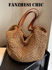 バッグ レディース トートバッグ ファッショナブルなカーキ色ストロー編み透かしクロシェーソフト大容量トートバッグ、レザーショルダーストラップ付き、軽量で通気性があり、夏のバケーション、プールの日、カジュアルな日常着に適しています