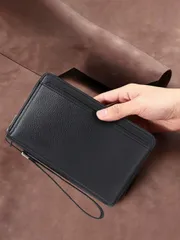 バッグ メンズ クラッチバッグ セカンドバッグ ' メンズPUレザークラッチバッグ - デュアルジッパー大容量(スマホ収納可) 取り外し可能なリストストラップ、引き出しカードスロット&ウィンドウ、ビジネスカジュアル 通勤に最適 メンズギフトにも
