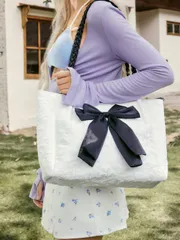 バッグ レディース トートバッグ 中型トートバッグ リボン装飾 ダブルハンドル スクールバッグ 卒業生、ティーンガール、大学1年生、2年生、3年生、4年生、大学、高校向け、アウトドア、旅行、新学期バッグに最適、大容量、軽量、ポータブル、ティーンガール、女