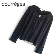 courreges クレージュ レディース ブラック 黒 40 (M~L相当) 長袖 ニット カットソー セーター Tシャツ スクエアネック ラインストーン ビジュー リボン 裾シフォン 異素材切替 重ね着風 レイヤード ウール混 トップス 服 1333KZ