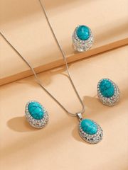 Ladies' Jewelry Set: 4 Pieces with Rhinestones & Oval Decorations