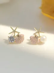 ジュエリー レディース イヤーアクセサリー 1ペア スターフィッシュ&シェルピアス、ティアドロップピアス、ビーチパーティーに最適。とで装飾された複合素材ピアス、海洋生物のシェルとスターフィッシュをモチーフにしています。