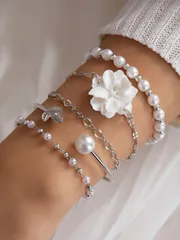 ジュエリー レディース ブレスレット セット 女性用 5個セット アレンジ可能 ビーズ 葉 & 花 チェーンブレスレット シルバー、ハンドメイド (サイズはお客様に合わせてカット、の数は固定ではありません)バレンタイン、母の日、母への贈り物