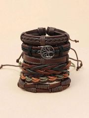 Men's Jewelry Bracelet Set of 6: Vintage Handmade Braided Leather Bracelets with Peace Tree Design, European and American Style Jewelry Set