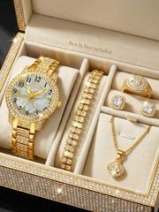 Ladies' Watch Set: Quartz Watch, Bracelet, Necklace, Stud Earrings, Ring - 6-Piece Jewelry Set, Fashionable and Elegant Rhinestone Minimalist Digital Scale Floral Design, Suitable for Everyday Wear and Parties