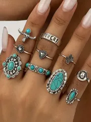 リング レディース セット ビンテージ ボヘミアン スタイル サボテン & インレイ ジンクアロイ スタッキングリング 10個セット レディース