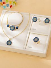 Ladies' Jewelry Set: 1 Bohemian Style Geometric Pattern Round Devil's Eye Inlay Fork & Glass Gem Charm Jewelry Set, Suitable for Daily Wear.