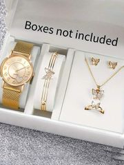 Ladies' Watch Set: Fashion Heart Design, 6-Piece Set, Plastic Band, Analog Quartz, Gold Butterfly Motif, Jewelry Set (Box Not Included)