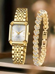 Ladies' Watch Set: Quartz Watch & Rhinestone Bracelet Jewelry Set (2 Pieces) - Fashionable, Casual, Elegant, Minimalist, Digital Scale - Perfect for Everyday Wear, Parties, Valentine's Day, and Weddings