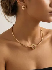 ジュエリー レディース セット 2セット メタルバックル ストラップ アシンメトリーネックレス&ピアス、シンプルモダンスタイル スムースメタル 3Dロープノットデザイン、ビジネス、通勤、デートに最適な上品な女性向け