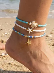 ジュエリー レディース フットジュエリー ビーズアンクレット 3点セット、ヒトデ&亀モチーフ、オーシャンスタイルのアクセサリー 日常&休日着用用