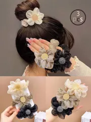 ヘアアクセサリー シュシュ 女の子用ヘアアクセサリーセット 3点 オーガンザフラワー ヘアゴム (ベージュ) フラワーヘアクリップ (ブラウン) ヘアタイ (ブラック)