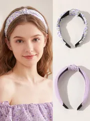 ヘアアクセサリー ヘアバンド 2個セット 女の子 韓国風 花柄&無地 ノットヘッドバンド、優しい紫色の布製ワイドブリムヘアフープ、多用途デイリーウェア