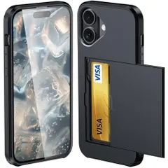 対応 iPhone 16 用 ケース カード収納 背面 指紋防止 落下防止 米軍MIL規格 耐衝撃 ブラック