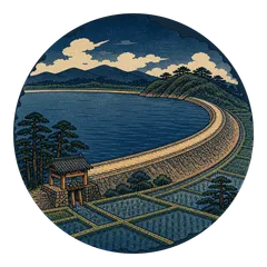 亀池 井沢弥惣兵衛 灌漑景観 浮世絵風 半袖Tシャツ ホワイト フロントプリント