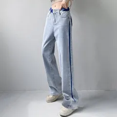 配色ストレートデニムパンツ ハイウエスト レディース｜デート・脚長・美脚