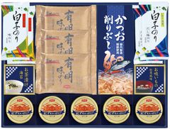 味之庵 白子のり&永谷園	6687-100	有明味のり:8切8枚×3･味のり:8切5枚×2･だし塩のり:8切5枚×2･お茶づけ海苔:4.7g×2袋×1･お吸いもの松茸風味:2.3g×2袋×1･かつお削りぶし:1.5g×4袋×1･紅ずわいがにほぐし身:55g×5