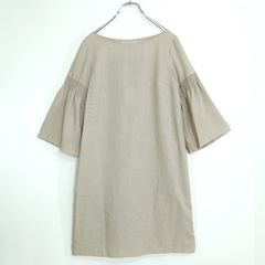 【美品】クチュールブローチ★シャーリングデザイン♪七分袖ワンピース サイズ38 薄茶系 薄手 z22765