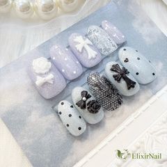 【現品】ネイルチップ　ドット柄　パープル　水色　クロムネイル