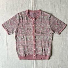 〜90s　vintage　ヴィンテージ古着　幾何学アートモチーフ　ジグザグライン　総柄　ラメ入りピンク系カラー　メッシュサマーニット生地　半袖カーディガン　ボタン留め　M　一点物　レトロ古着　ガーリー　個性派　pink mesh knit cardigan
