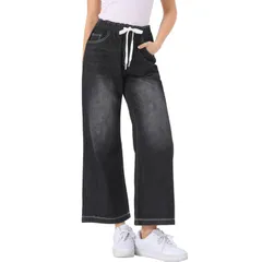 アレグラ ケー レディース ボトムス デニムパンツ ジーンズ ALLEGRA K Casual Denim Pants For Women Drawstring Elastic Waist Wide