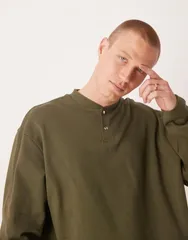 エイソス メンズ アウター パーカー・スウェット スウェット シャツ ASOS DESIGN oversized sweatshirt with buttonup collar Ivy green グ