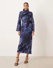 エイソス レディース トップス ワンピース プリント マキシ ASOS DESIGN maxi dress with scarf detail and blue abstract print Blac