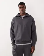 エイソス メンズ アウター パーカー・スウェット ハーフジップ シャツ ASOS DESIGN relaxed quarter zip sweatshirt in charcoal Asphalt チ