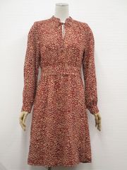 美品 エイチ＆エム H＆M 洗えるひざ丈 長袖 デザインネック ワンピース US：4P ブラウン ベージュ オレンジ アニマル柄 メール便可 中古