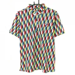 【新品】ジャックバニー 半袖ポロシャツ グレー×ダークネイビー×イエロー 稲妻総柄 ボタンダウン メンズ 5(L) ゴルフウェア Jack Bunny