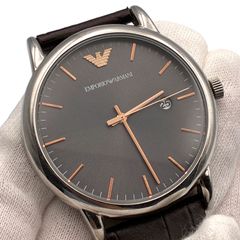 稼働/新品電池/訳有 EMPORIO ARMANI エンポリオアルマーニ 腕時計 QZ 3針 AR-1996 グレー文字盤 レザーベルト デイト クォーツ アナログ 純正ベルト 型押し ブラウン 【bp19】