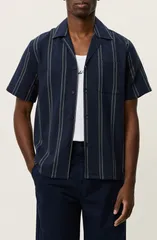 レ ドゥ メンズ トップス シャツ Les Deux Lawson Stripe Camp Shirt Dark Navy ネイビー