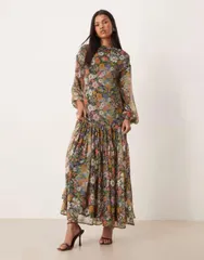 エイソス レディース トップス ワンピース シフォン フラワー柄 マキシ フラワー ASOS DESIGN slash neck chiffon godet maxi dress based flor