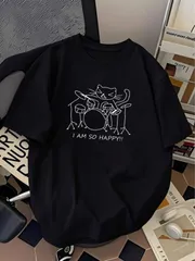 新品 送料無料 ドラムを叩く猫イラスト T シャツ I AM SO HAPPY 線画プリント ロック風 ユーモラス ストリート グラフィック T シャツ