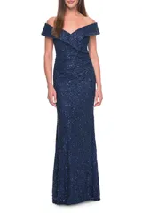 ラフェム レディース トップス ワンピース レース La Femme Off the Shoulder Beaded Laceveningownavy ネイビー