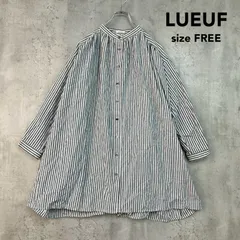 LUEUF ルフ F ストライプ バンドカラー シャツチュニック ロング 長袖 ギャザー チュニック丈 Aライン 前開き 前ボタン 羽織り 綿100% コットン ネイビー ホワイト ナチュラル ゆったり カジュアル ★ ■◇ ◇■