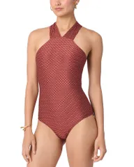 ショシャーナ レディース 水着 上下セット ハイネック Shoshanna High Neck Wave Texture One Piece Swimsuit CinnamonGold ゴールド