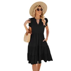 ボディサイズ レディース トップス ワンピース Vネック フリル ミディ BODDYSIZE Womens Casual Ruffled Layeredress Vneck Solid Color S