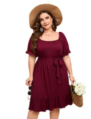 エリートチョイス レディース トップス ワンピース プラスサイズ フリル ミディ Elitechoice Womens Plusize Short Sleeve Square Neck Ruffled