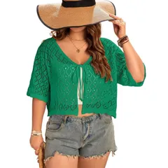 ボディサイズ レディース アウター ニット・セーター カーディガン クロップド BODDYSIZE Womensummer Short Sleeve Crochet Shrug Tie Front O