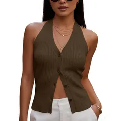セオリア レディース トップス Tシャツ Vネック 背中開き ベスト ノースリーブ ニット ホルター Seoria Womens Halter Knitank Top V Neck Sleeveles