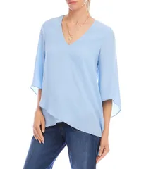 カレンケーン レディース トップス シャツ Vネックレープ アシンメトリー シルク Karen Kane Silky Crepe VNeck 34 Flare Sleeve Asymmetricros