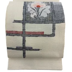名古屋帯 優品 八寸名古屋帯 松葉仕立て 草花 幾何学 クリーム 正絹 【中古】