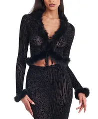 ミスサークル レディース トップス シャツ メッシュ ベルベット Miss Circle Hali Burnout Velvet Stretch Mesh Faux Fur Trim Top Blac